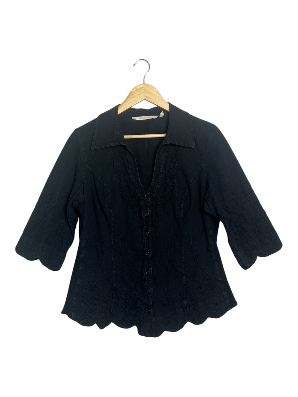 Soft Surroundings Black Embroidered Scallop Hem Blouse M
